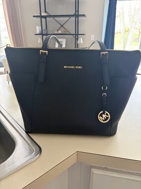 Michael Kors Black Leather Tote with Gold Accent Charm